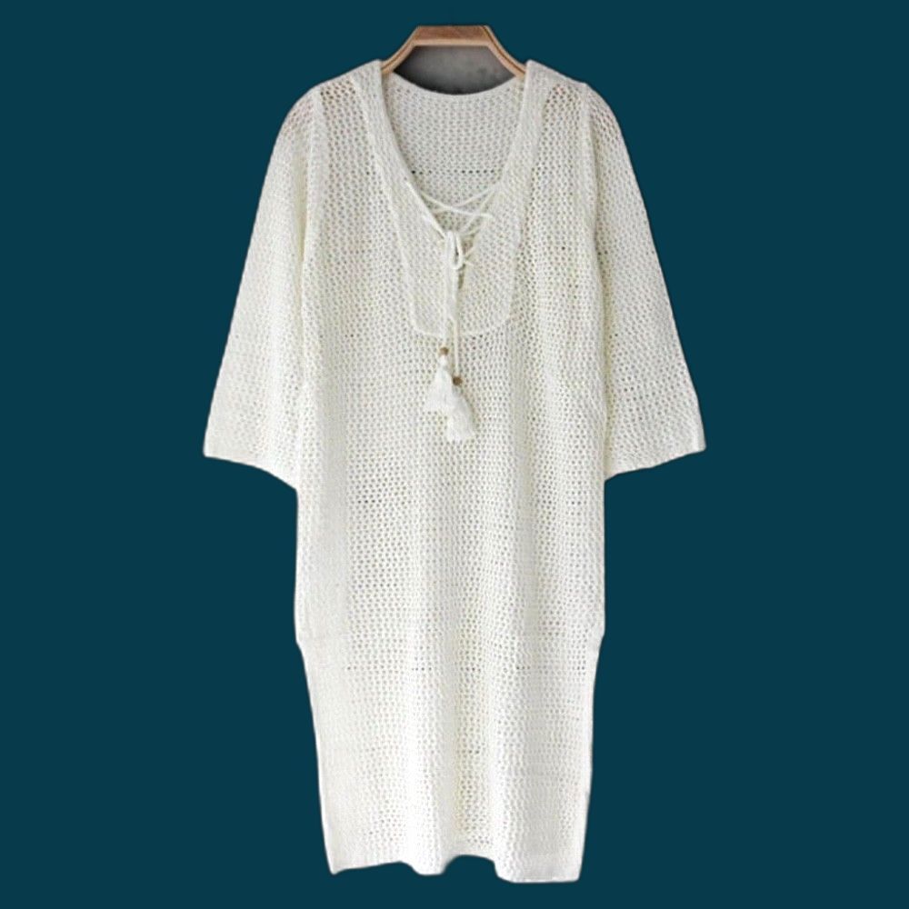 Crochet Knit Front Lace-Up Swim Coverup One Size Cream Tassels